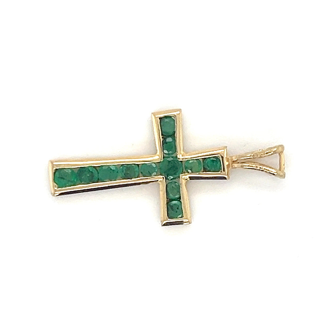 14K Yellow Gold Emerald Cross Pendant; 1.1DWT; 1.8g