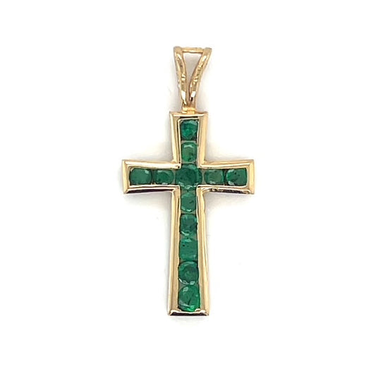 14K Yellow Gold Emerald Cross Pendant; 1.1DWT; 1.8g