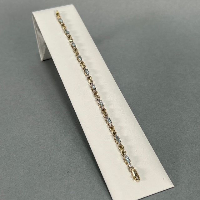 10K Yellow Gold Diamond Accent Aquamarine Tennis Bracelet; 7"; 2.7DWT