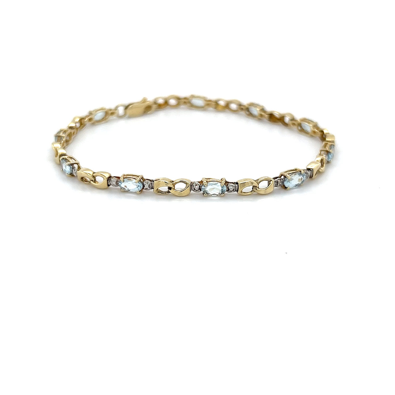 10K Yellow Gold Diamond Accent Aquamarine Tennis Bracelet; 7"; 2.7DWT