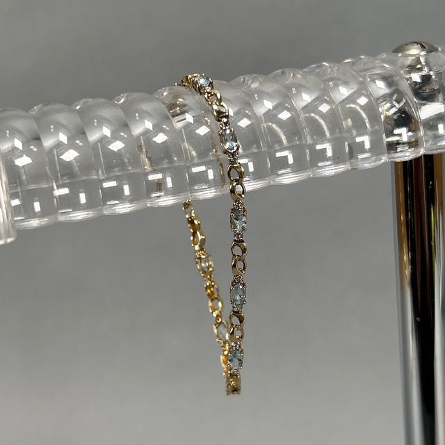 10K Yellow Gold Diamond Accent Aquamarine Tennis Bracelet; 7"; 2.7DWT