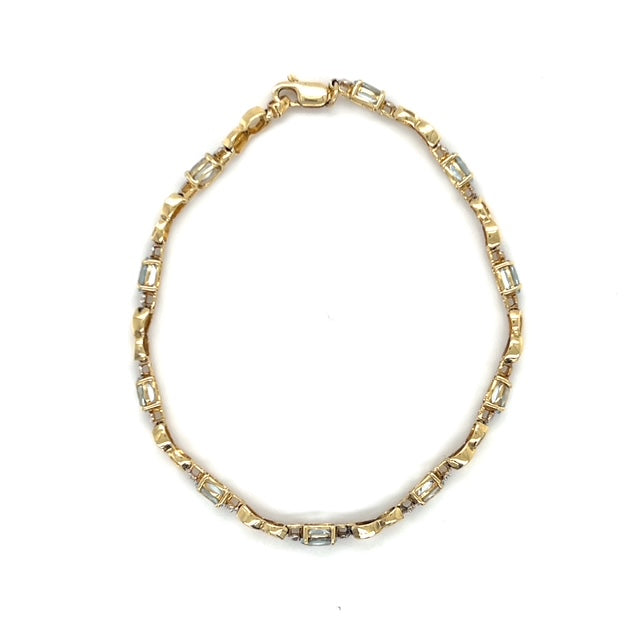 10K Yellow Gold Diamond Accent Aquamarine Tennis Bracelet; 7"; 2.7DWT