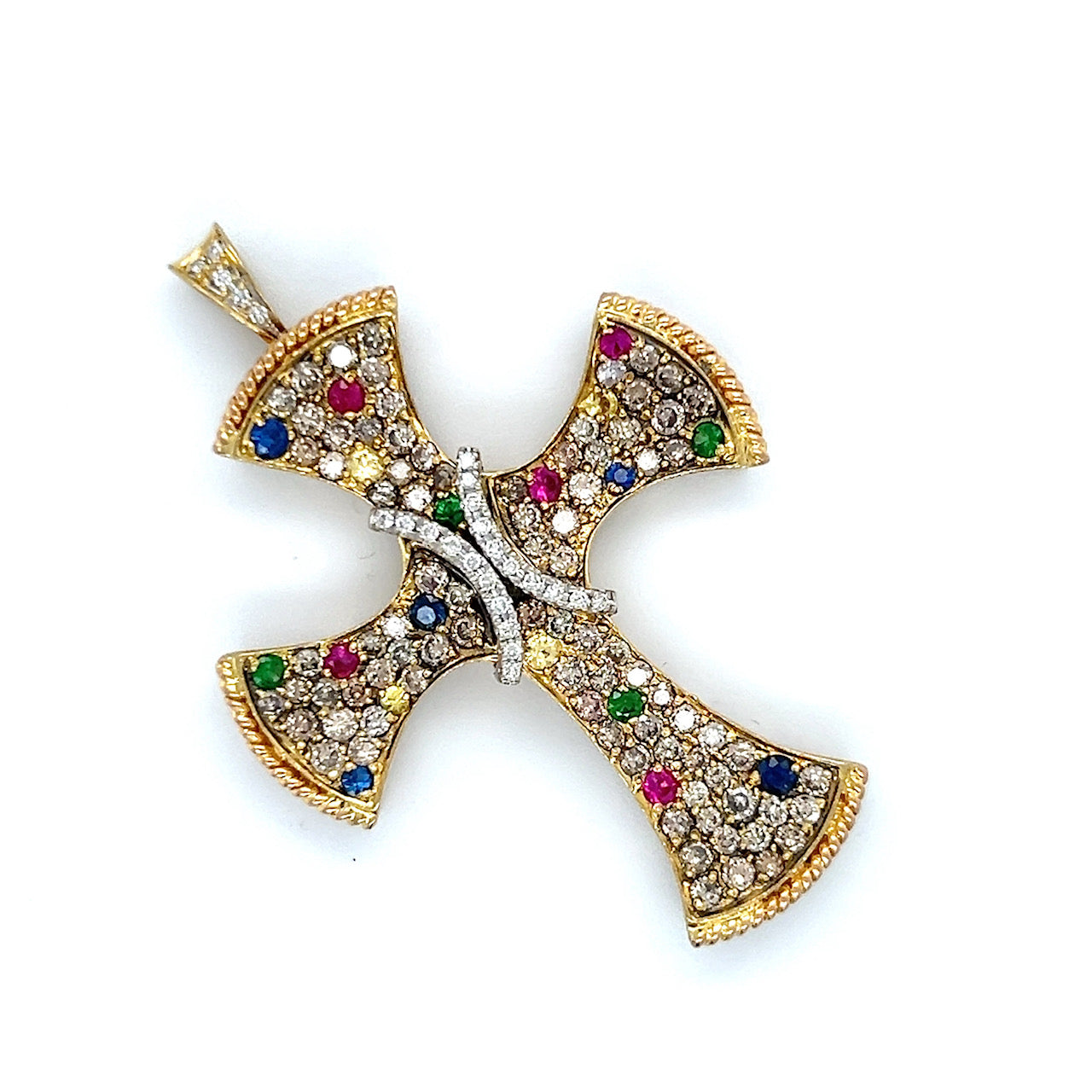18K Yellow Gold Diamond Ruby & Sapphire Cross Pendant; 1.0 CTW; 12.3 g