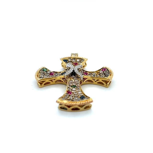 18K Yellow Gold Diamond Ruby & Sapphire Cross Pendant; 1.0 CTW; 12.3 g