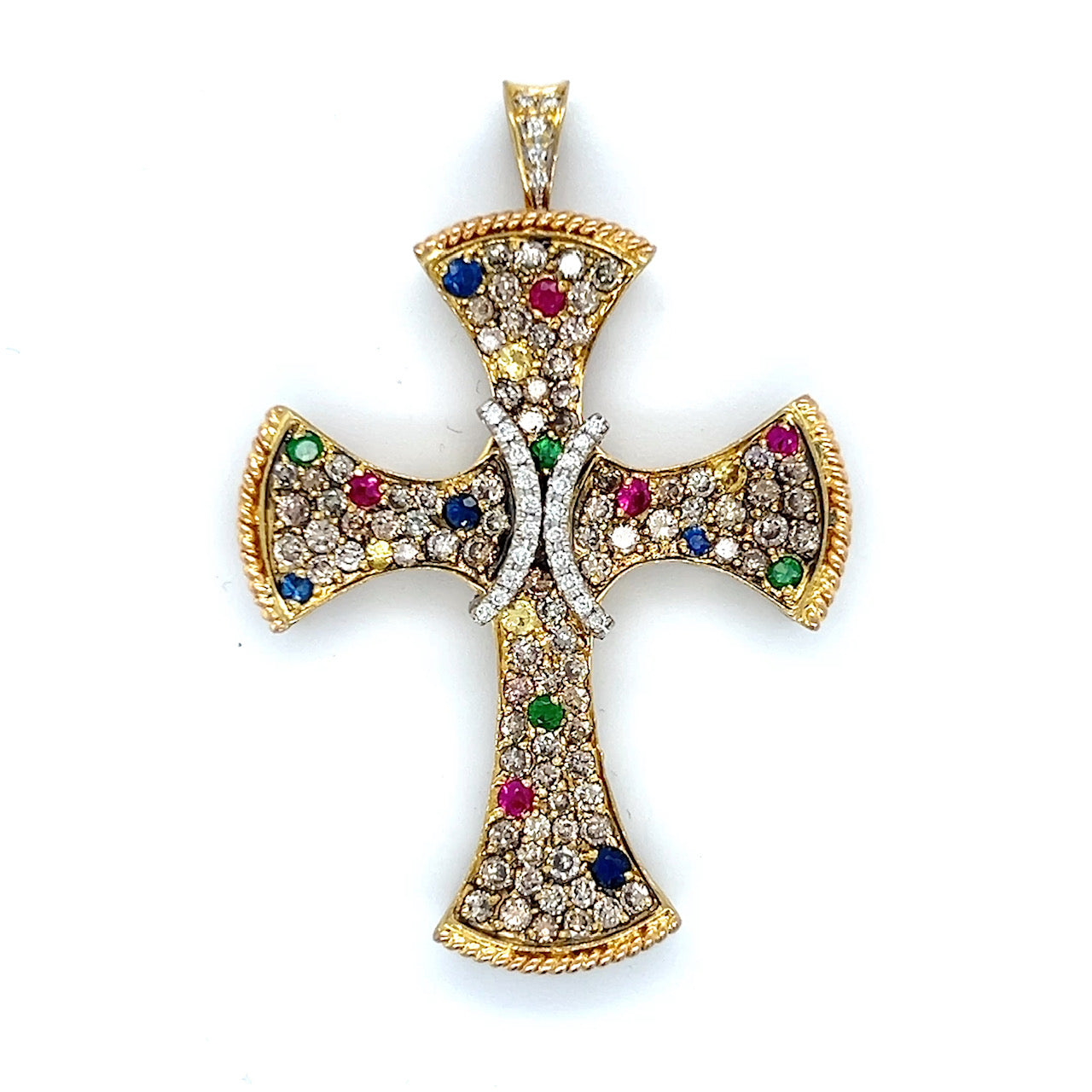 18K Yellow Gold Diamond Ruby & Sapphire Cross Pendant; 1.0 CTW; 12.3 g