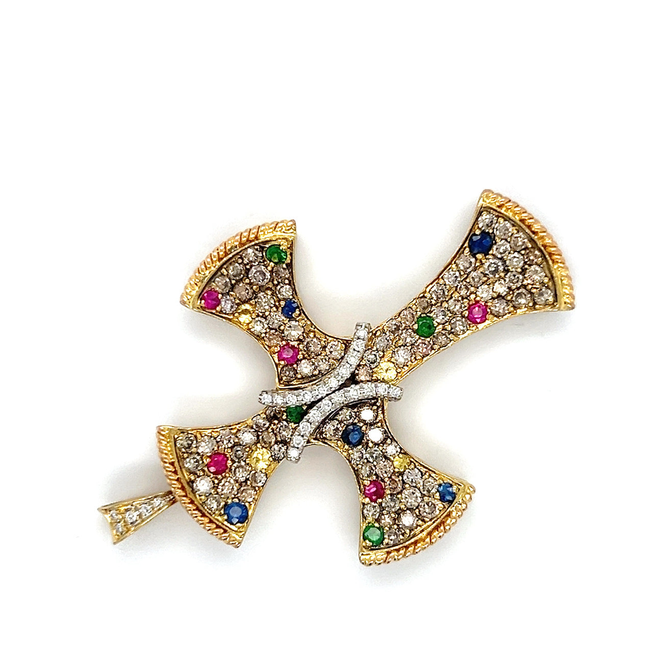 18K Yellow Gold Diamond Ruby & Sapphire Cross Pendant; 1.0 CTW; 12.3 g