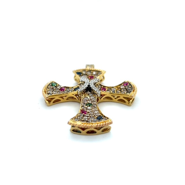 18K Yellow Gold Diamond Ruby & Sapphire Cross Pendant; 1.0 CTW; 12.3 g