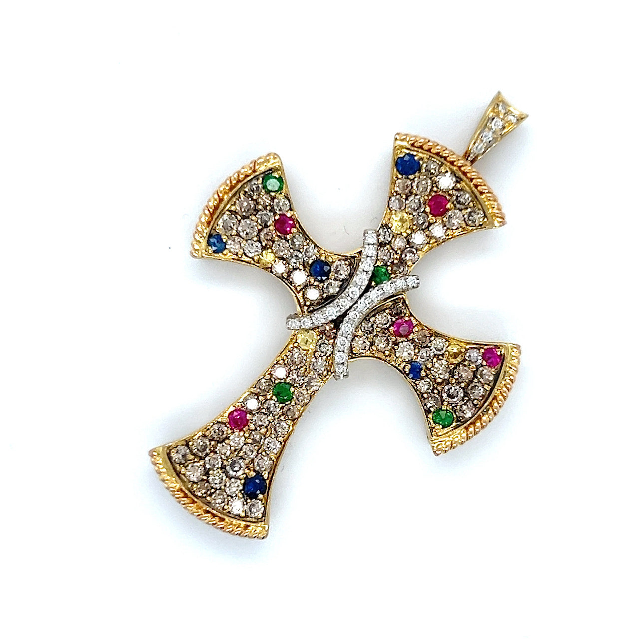 18K Yellow Gold Diamond Ruby & Sapphire Cross Pendant; 1.0 CTW; 12.3 g