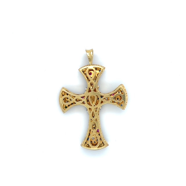 18K Yellow Gold Diamond Ruby & Sapphire Cross Pendant; 1.0 CTW; 12.3 g