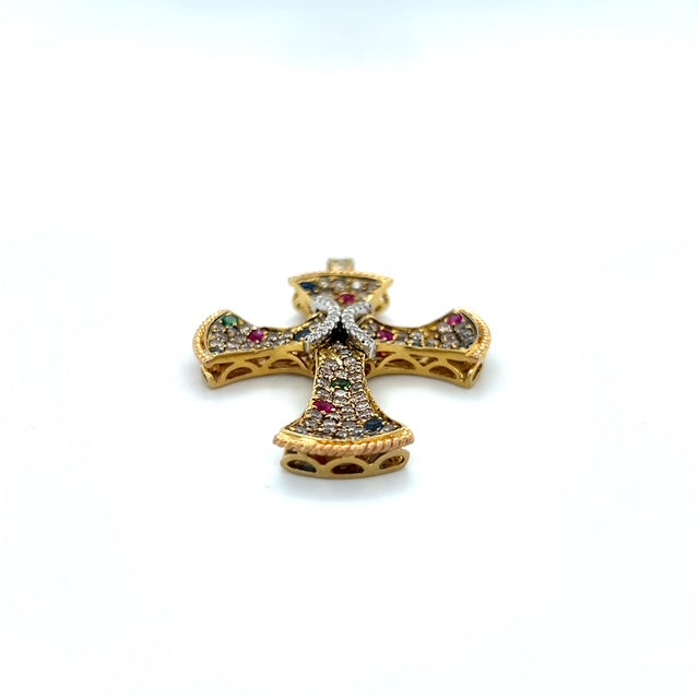 18K Yellow Gold Diamond Ruby & Sapphire Cross Pendant; 1.0 CTW; 12.3 g