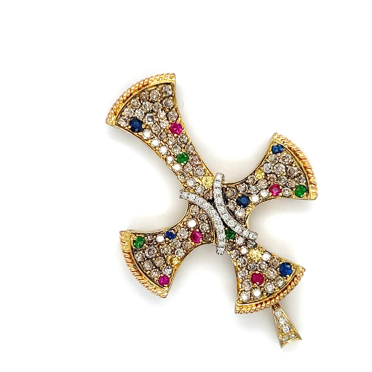 18K Yellow Gold Diamond Ruby & Sapphire Cross Pendant; 1.0 CTW; 12.3 g