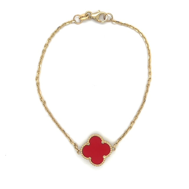 10K Yellow Gold 7" Red Clover Motif Bracelet; 1.8DWT; 2.8g