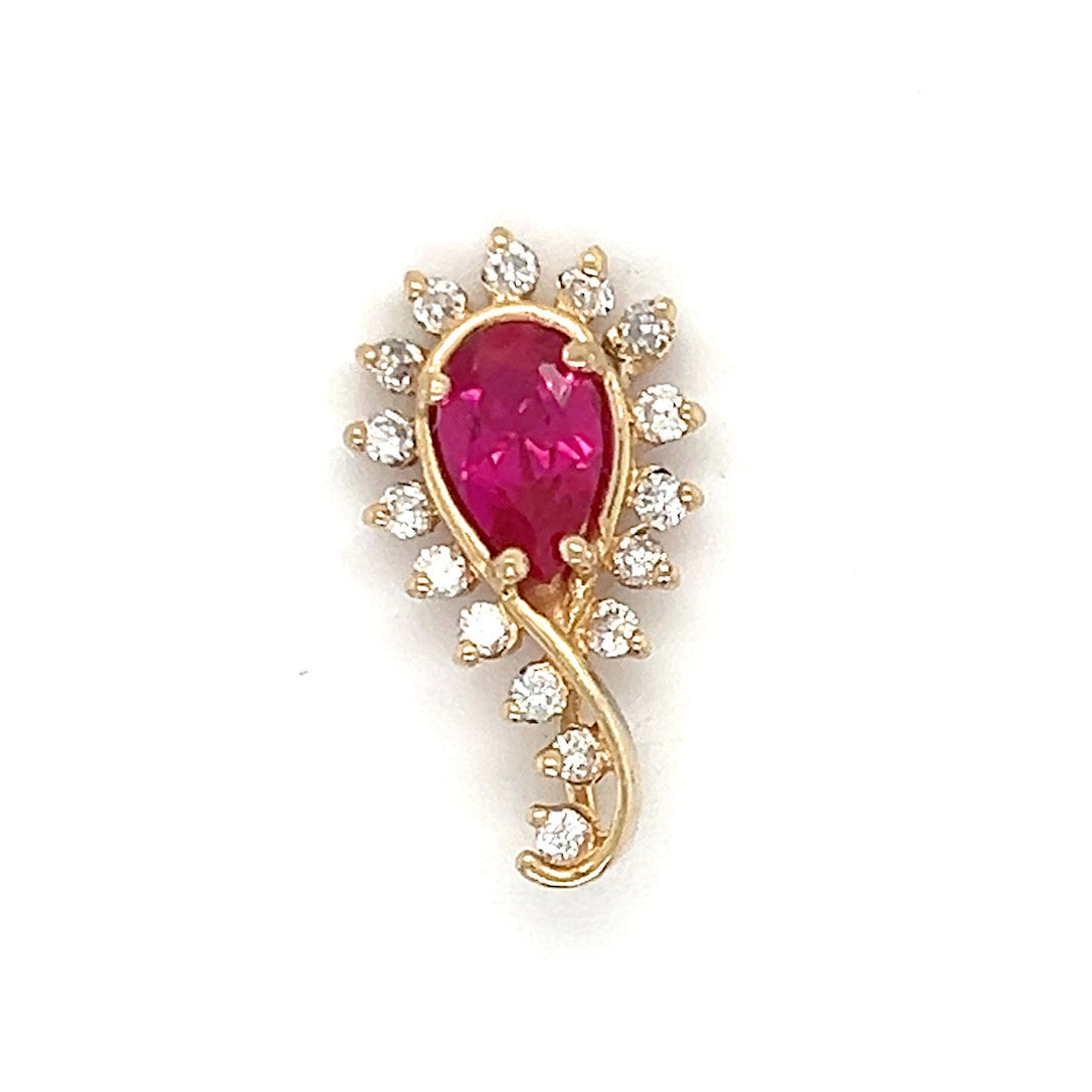 14K Yellow Gold Diamond Ruby Teardrop Pendant; 0.20CTW; 1.6g