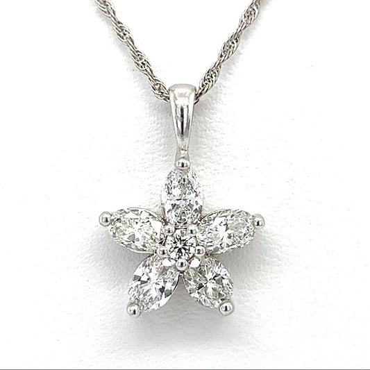 14K White Gold Diamond Flower Pendant on 18" Chain Necklace; 1.0CTW; 5.1g