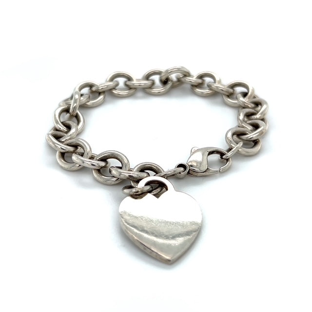 925 Sterling Silver Tiffany & Co. 7.25" Blank Engravable Heart Tag Charm Bracelet