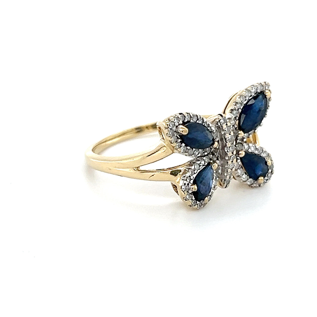 14K Yellow Gold Diamond & Sapphire Butterfly Lady's Ring; 0.25CTW; 3.5g; Size 9