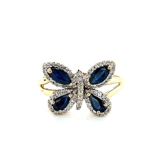 14K Yellow Gold Diamond & Sapphire Butterfly Lady's Ring; 0.25CTW; 3.5g; Size 9