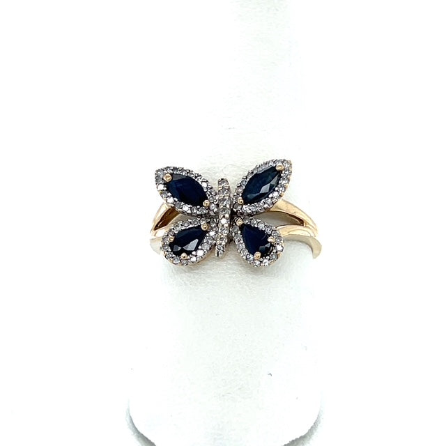 14K Yellow Gold Diamond & Sapphire Butterfly Lady's Ring; 0.25CTW; 3.5g; Size 9