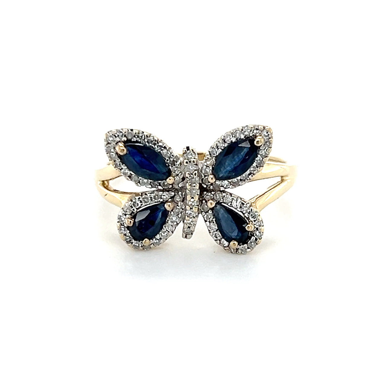 14K Yellow Gold Diamond & Sapphire Butterfly Lady's Ring; 0.25CTW; 3.5g; Size 9