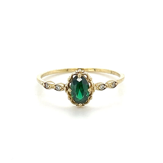 10K Yellow Gold Lady's Green Gemstone & CZ Accent Ring; 0.7DWT; Size 7
