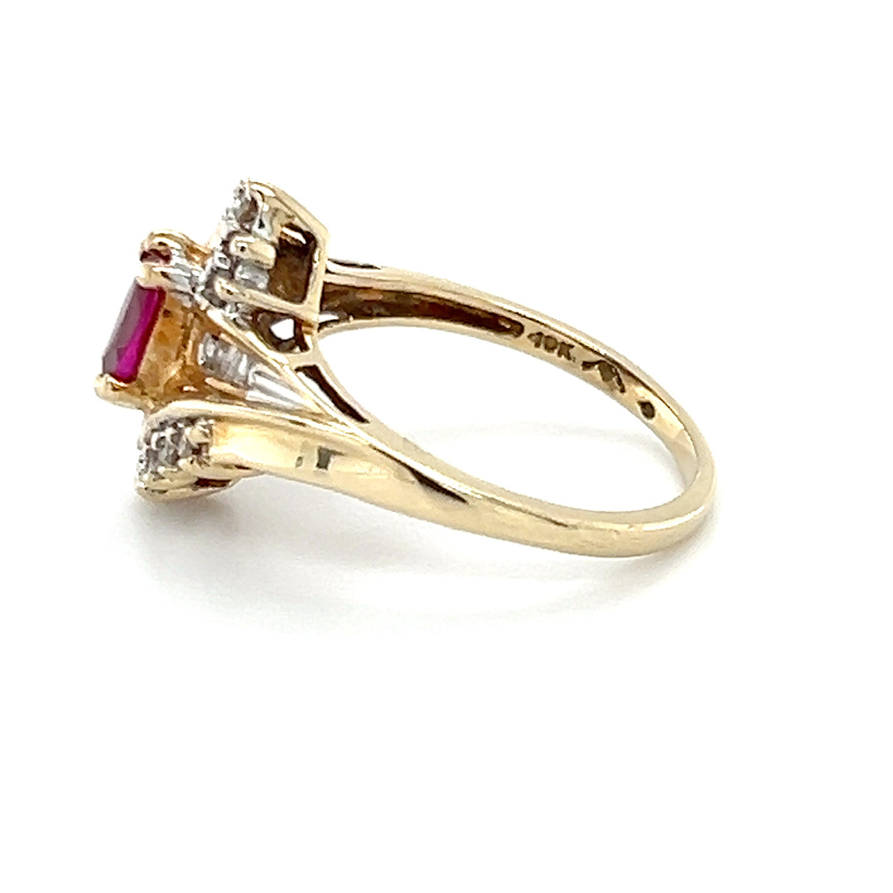 10K Yellow Gold Synthetic Ruby & CZ Lady's Accent Ring; 3.4g; Size 7