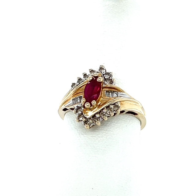 10K Yellow Gold Synthetic Ruby & CZ Lady's Accent Ring; 3.4g; Size 7