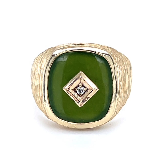 10K Yellow Gold Vintage Gentleman's Green Stone & Diamond Accent Ring; 7.6g; Size 10.25