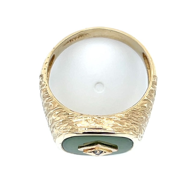 10K Yellow Gold Vintage Gentleman's Green Stone & Diamond Accent Ring; 7.6g; Size 10.25