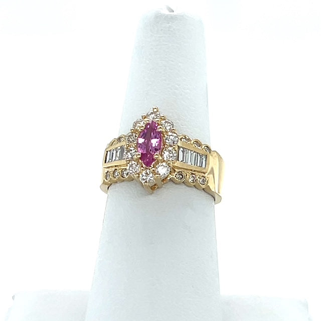 14K Yellow Gold Diamond & Pink Sapphire Lady's Ring; Size 7