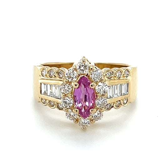 14K Yellow Gold Diamond & Pink Sapphire Lady's Ring; Size 7