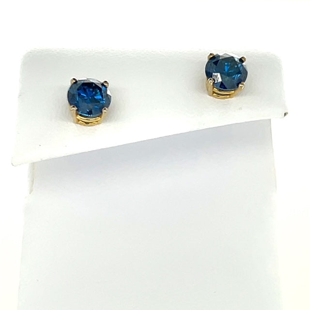 14K Yellow Gold Blue Diamond Stud Earrings