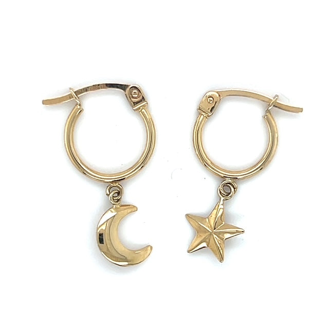 10K Yellow Gold Moon & Star Hoop Earrings