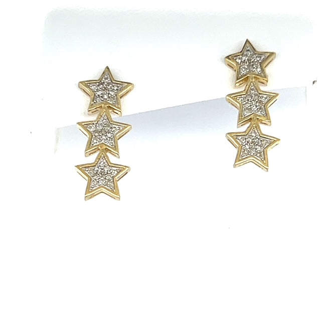 14K Two-Tone Gold 3 Star Stud Earrings; 2.3g