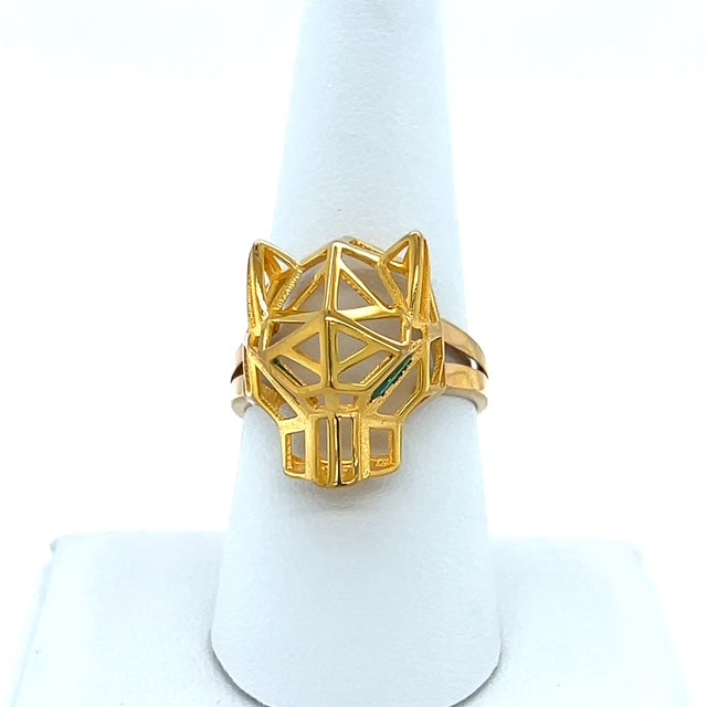 21K Yellow Gold Geometric Tiger Head Ring; Size 9