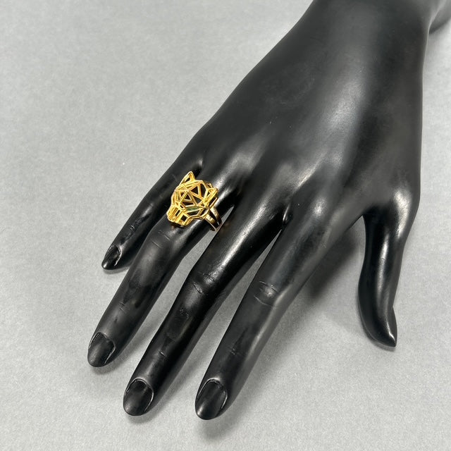 21K Yellow Gold Geometric Tiger Head Ring; Size 9