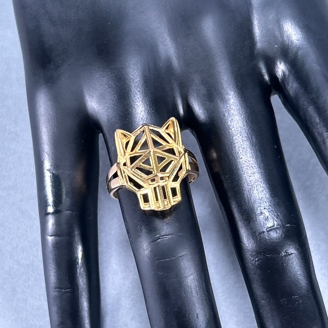 21K Yellow Gold Geometric Tiger Head Ring; Size 9