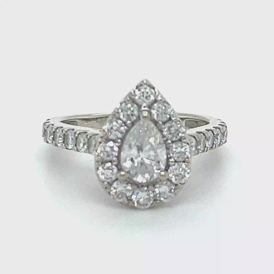 14K White Gold 1.34 CTW Pear-Shaped Diamond Halo Ring; 3.5 g