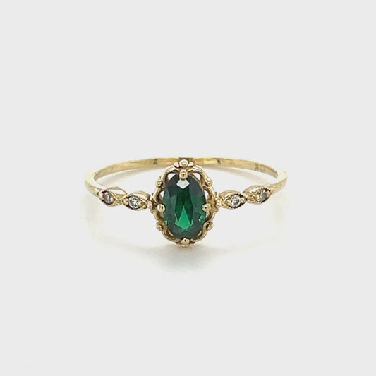 10K Yellow Gold Lady's Green Gemstone & CZ Accent Ring; 0.7DWT; Size 7