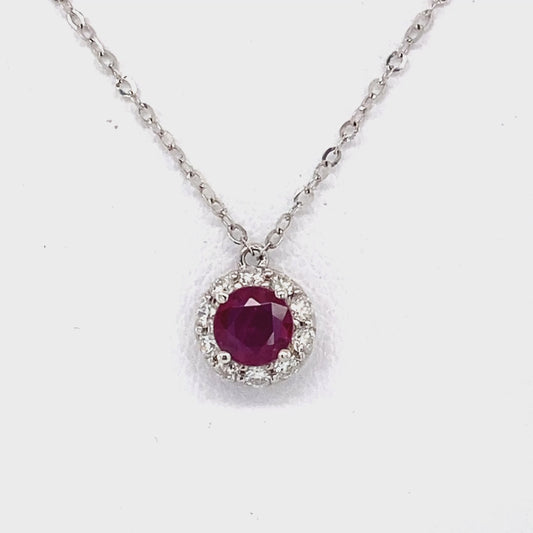 18K White Gold Diamond & Ruby Pendant on 18" Chain Necklace