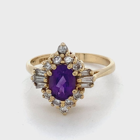 14K Yellow Gold Diamond & Amethyst Fashion Ring; 2.1DWT; Size 6