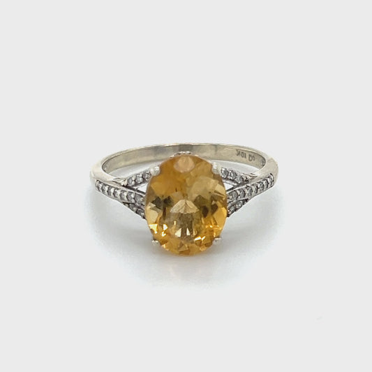 10K White Gold Diamond Citrine Lady's Fashion Ring; 1.8DWT; Size 7
