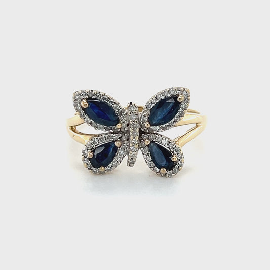 14K Yellow Gold Diamond & Sapphire Butterfly Lady's Ring; 0.25CTW; 3.5g; Size 9