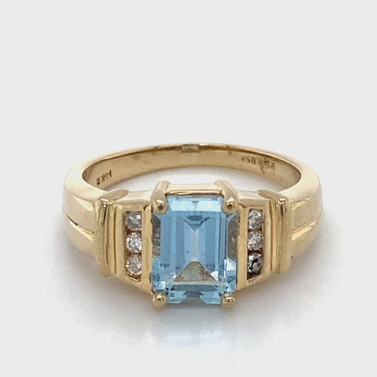 14K Yellow Gold Diamond & Aquamarine Ring; 3.3DWT; Size 6