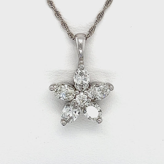 14K White Gold Diamond Flower Pendant on 18" Chain Necklace; 1.0CTW; 5.1g