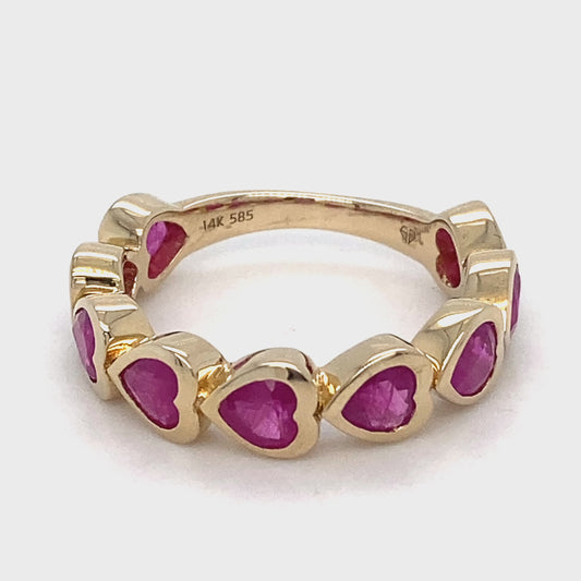 14K Yellow Gold Synthetic Ruby Hearts Ring; 2.6DWT; Size 6.5