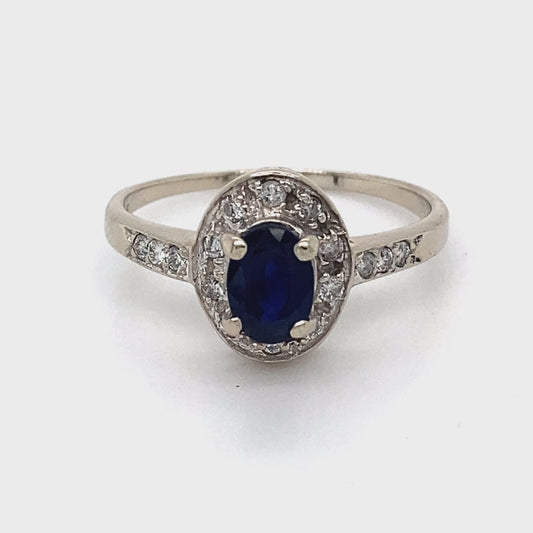 14K White Gold Sapphire & Halo Diamond Ring; 0.15CTW; Size 9.5; 3.0g