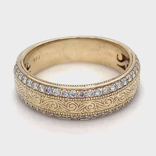14K Yellow Gold Etched Band & Diamonds Men's Ring; 4.4DWT; Size 9