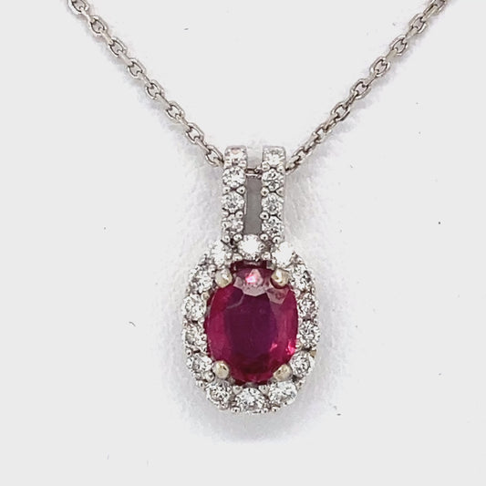 14K White Gold Diamond & Ruby Pendant on 20" Chain Necklace