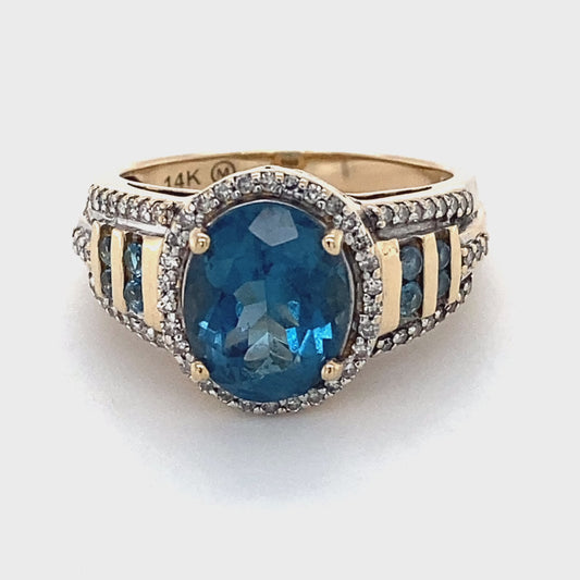 14K Yellow Gold Blue Topaz & Diamond Ring; 3.8DWT; Size 7