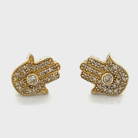 10K Yellow Gold Diamond Hamsa Stud Earrings; 0.10CTW; 1.7g